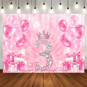 Aperturee Balloon Gift Pink Bokeh Happy 3rd Birthday Backdrop, 5X3FT(1.5X1M), 15.07 USD, birthday backdrops, NYHD11430202-E