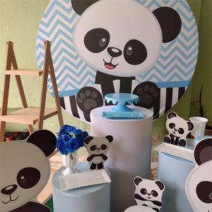 Aperturee Black And White Panda Round Blue Birthday Backdrop | Circle Party Backdrop | Custom Round Backdrop | Custom Round Birthday Backdrop