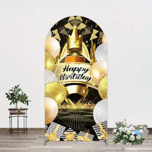 Aperturee Black Gold Balloon Gift Crown Birthday Arch Backdrop, 1.6 x 4 ft (0.5 x 1.2 m), 98.18 USD, arch backdrop kit, GH0A460-AJ