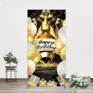 Aperturee Black Gold Balloon Gift Crown Birthday Rectangle Backdrop, 1.6 x 4 ft (0.5 x 1.2 m), 98.18 USD, arch backdrop kit, GH0A460CF-AJ