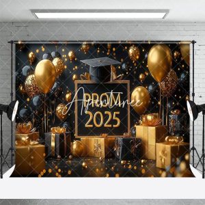 Aperturee Black Gold Balloons Gifts Bokeh Prom 2025 Backdrop, 3X2FT(1MX0.6M), 14 USD, graduation backdrops, LHF459A-M