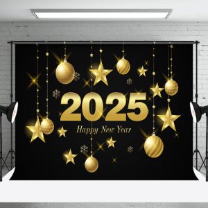 Aperturee Black Gold Bells Stars 2025 Happy New Year Backdrop