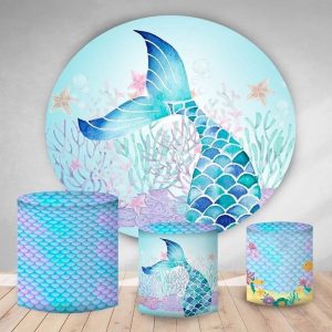 Aperturee Blue And Purple Mermaid Round Birthday Backdrop Kit | Round Backdrop Cover Diy | Round Birthday Backdrop Cover | Round Party Backdrop