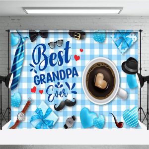 Aperturee Blue White Plaid Coffee Best Grandpa Ever Backdrop, 3X2FT(1MX0.6M), 14 USD, fathers day backdrops, ZHF644A-M