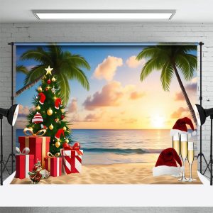 Aperturee Cartoon Coconut Trees Christmas In July Backdrop, 3X2FT(1MX0.6M), 14 USD, christmas in july backdrops, NYHD11429896-M