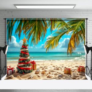 Aperturee Christmas In July Beach Gift Tree Holiday Backdrop, 3X2FT(1MX0.6M), 14 USD, christmas in july backdrops, NYHD11429909-M