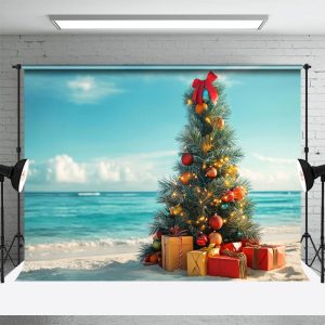 Aperturee Christmas Tree Gifts Blue Sky Ocean Holiday Backdrop, 3X2FT(1MX0.6M), 14 USD, christmas in july backdrops, NYHD11429911-M