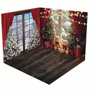 Aperturee Christmas Tree Window Snowy Scene Room Set Backdrop | Christmas Scenic Backgrounds | Christmas Backgrounds Fireplace | Xmas Backdrop