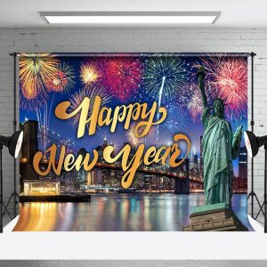 Aperturee City Scene Sparkle Statue Happy New Year Backdrop - Aperturee