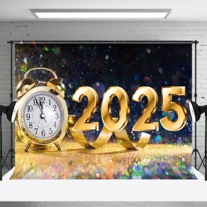 Aperturee Colorful Bokeh Gold Clock 2025 New Year Backdrop
