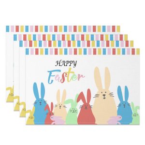 Aperturee Cute Colorful Bunny Happy Easter Set Of 4 Placemats, 14x12 Inch, 15.8 USD, NYJY00417-S, placemats