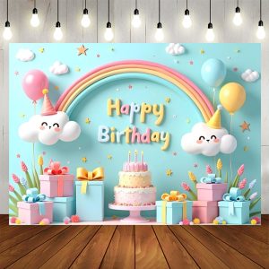 Aperturee Cute Rainbow Clouds Balloon Gift Birthday Backdrop, 5X3FT(1.5X1M), 15.07 USD, birthday backdrops, NYHD11429378-E