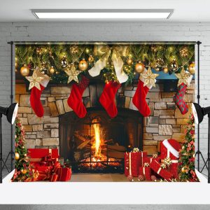 Aperturee Gold Bauble Red Socks Fireplace Gift Xmas Backdrop