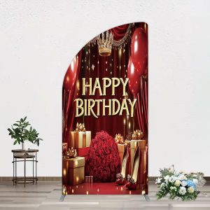 Aperturee Gold Burgundy Gift Box Rose Birthday Half Moon Arch Backdrop, 1.6 x 4 ft (0.5 x 1.2 m), 98.18 USD, arch backdrop kit, GLHF355AYL-AJ