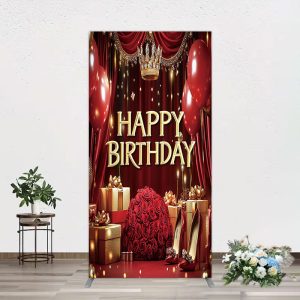 Aperturee Gold Burgundy Gift Box Rose Birthday Rectangle Backdrop, 1.6 x 4 ft (0.5 x 1.2 m), 98.18 USD, arch backdrop kit, GLHF355ACF-AJ