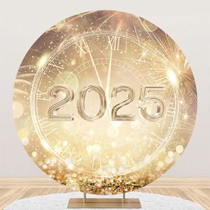 Aperturee Gold Sparkle Clock 2025 Round Happy New Year Backdrop - Aperturee