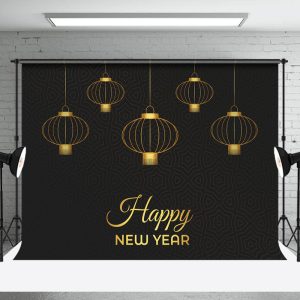 Aperturee Golden Hanging Lantern Black Happy New Year Backdrop - Aperturee