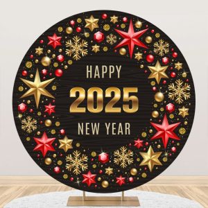 Aperturee Hexagram Red Gold Happy 2025 New Year Round Backdrop