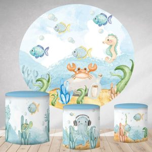Aperturee Light Blue Under The Sea World Round Birthday Backdrop | Round Backdrop Cover Diy | Round Backdrop Stand Covers | Round Party Backdrop