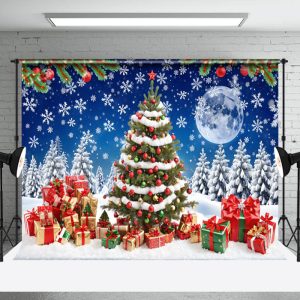 Aperturee Night Moon Snowflakes Gift Christmas Tree Backdrop - Aperturee