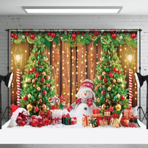 Aperturee Pine Tree Snowman Gift Wooden Christmas Backdrop - Aperturee