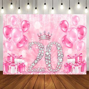 Aperturee Pink Balloons Gifts Crown 20th Birthday Backdrop, 5X3FT(1.5X1M), 15.07 USD, birthday backdrops, NYHD11430203-E