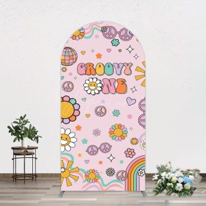 Aperturee Pink Color Floral Groovy One Birthday Arch Backdrop, 1.6 x 4 ft (0.5 x 1.2 m), 98.18 USD, arch backdrop kit, GLH0F439-AJ