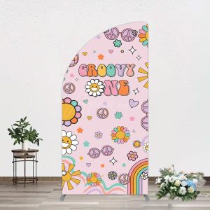 Aperturee Pink Color Floral Groovy One Birthday Half Moon Arch Backdrop, 1.6 x 4 ft (0.5 x 1.2 m), 98.18 USD, arch backdrop kit, GLH0F439YL-AJ