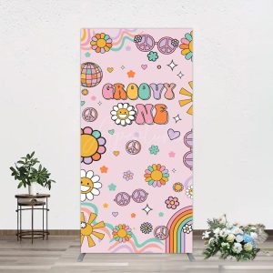Aperturee Pink Color Floral Groovy One Birthday Rectangle Backdrop, 1.6 x 4 ft (0.5 x 1.2 m), 98.18 USD, arch backdrop kit, GLH0F439CF-AJ