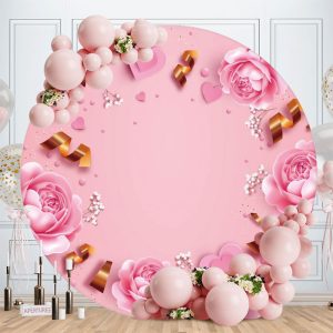 Aperturee Pink Flower Theme Round Happy Birthday Backdrop