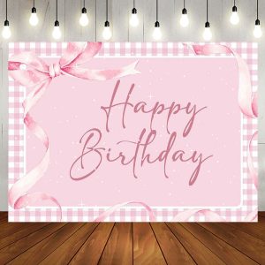 Aperturee Pink Gift Bow Tie Plaid Backdrop For Birthday Party - Aperturee