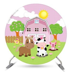 Aperturee Pink House And Animals Circle Baby Shower Backdrop | Round Backdrop Cover Diy | Round Party Backdrop | Custom Round Baby Shower Backdrop