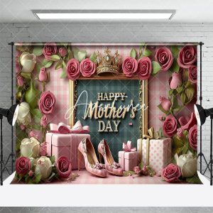 Aperturee Pink Rose Greenery Gifts Happy Mothers Day Backdrop, 3X2FT(1MX0.6M), 14 USD, mothers day backdrops, LHF548A-M