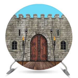 Aperturee Rampart Brick Wall Wood Door Pattern Circle Backdrop | Circle Backdrops For Birthday | Custom Round Backdrop | Round Party Backdrop