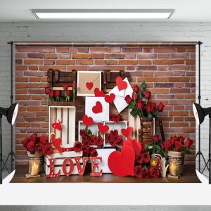 Aperturee Red Brick Wall Gift Box Rose Valentines Day Backdrop