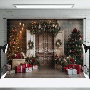 Aperturee Retro Door Trees Gifts Festive Christmas Backdrop | Diy Christmas Backdrop | Christmas Photoshoot Backgrounds | Christmas Photo Backdrop
