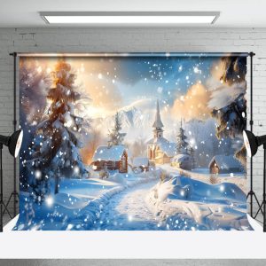 Aperturee Serene Winter Cabin Walkway Sunset Skies Backdrop - Aperturee