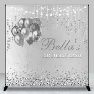 Aperturee Silver Balloons Custom Name Birthday Bash Backdrop, 3X3FT(1X1M), 15 USD, custom birthday backdrops, DZH0A419-O