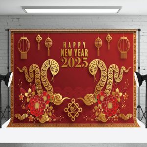 Aperturee Snake Cloud Pattern Red Floral 2025 New Year Backdrop - Aperturee