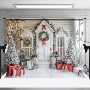 Aperturee Snowy White Trees House Gifts Christmas Backdrop | Christmas Photoshoot Backgrounds | Diy Christmas Backdrop | Christmas Scenic Backgrounds