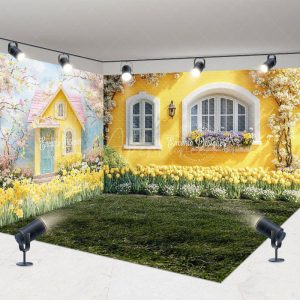 Aperturee Spring Bright Yellow House Floral Room Set Backdrop, 7 x 7 ft / 10 x 7 ft / 10 x 7 ft, 247.5 USD, room set backdrops