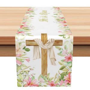 Aperturee Spring Floral Greenery Cross Easter Table Runner | Seasonal Printed Table Runner | Custom Table Cloth Runner | Personalized Table Runners