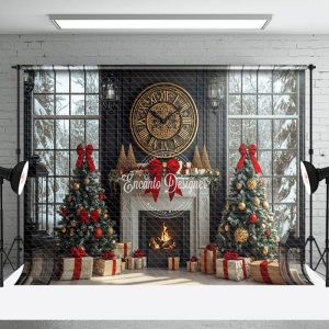 Aperturee Tree Gifts Retro Clock Fireplace Christmas Backdrop | Christmas Backgrounds Fireplace | Xmas Backdrop | Christmas Photo Booth Backdrop