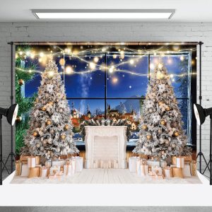 Aperturee Trees Gifts Night Rural Town Window Scene Backdrop