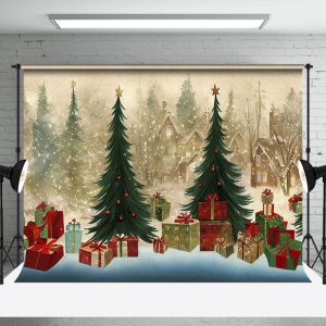 Aperturee Vintage Cartoon Christmas Tree Gift Boxbackdrop - Aperturee
