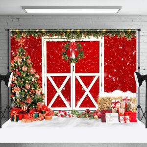 Aperturee Vintage Red Door Wreath Christmas Party Backdrop - Aperturee