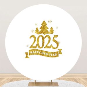 Aperturee White Gold Trees 2025 Round Happy New Year Backdrop - Aperturee