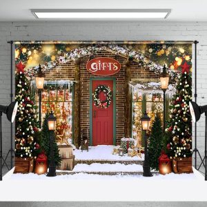 Aperturee Wood Gift Store Bokeh Light Snow Christmas Backdrop
