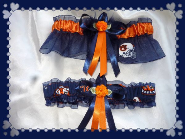 Auburn Tigers Navy Organza Fabric Flower Wedding Garter Set NB Helmet