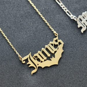 Bat Name Necklace, Personalized Old English Name Necklace With Bat, Old English Letter Necklace, Old English Name Jewelry,Gift For Bat Lover